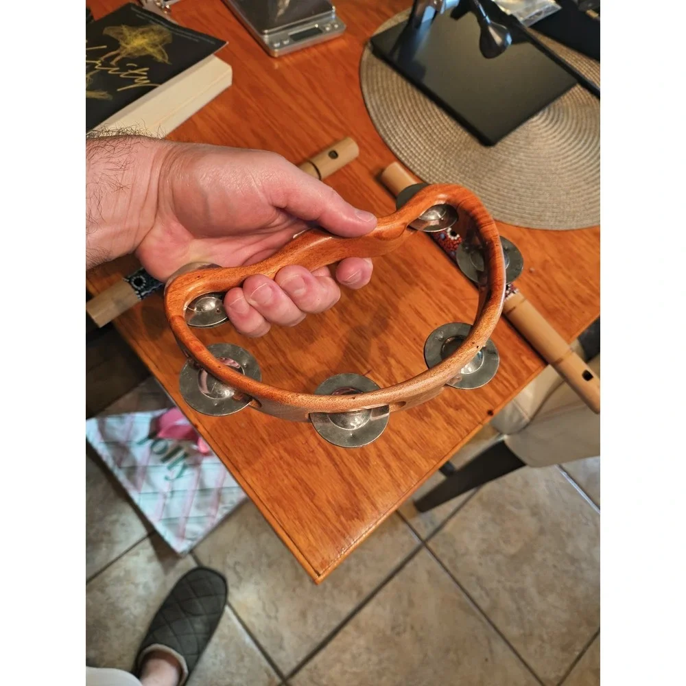 Handmade Teak Wood Tambourine And Two Wood Flutes Possibly Bamboo